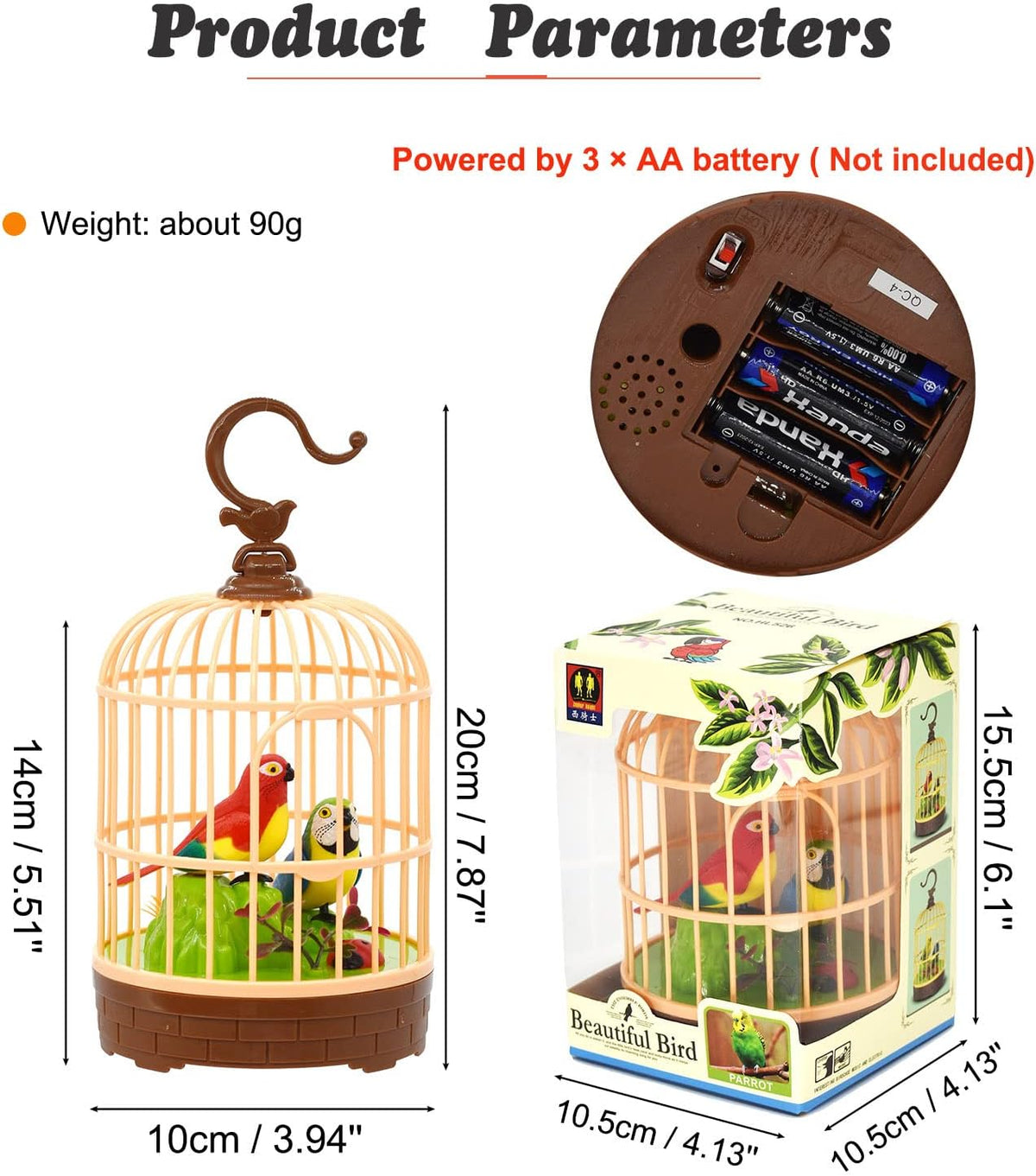 Bird cage toy specifications - 3 x AA batteries, 90g, 20cm with hook, gift box
