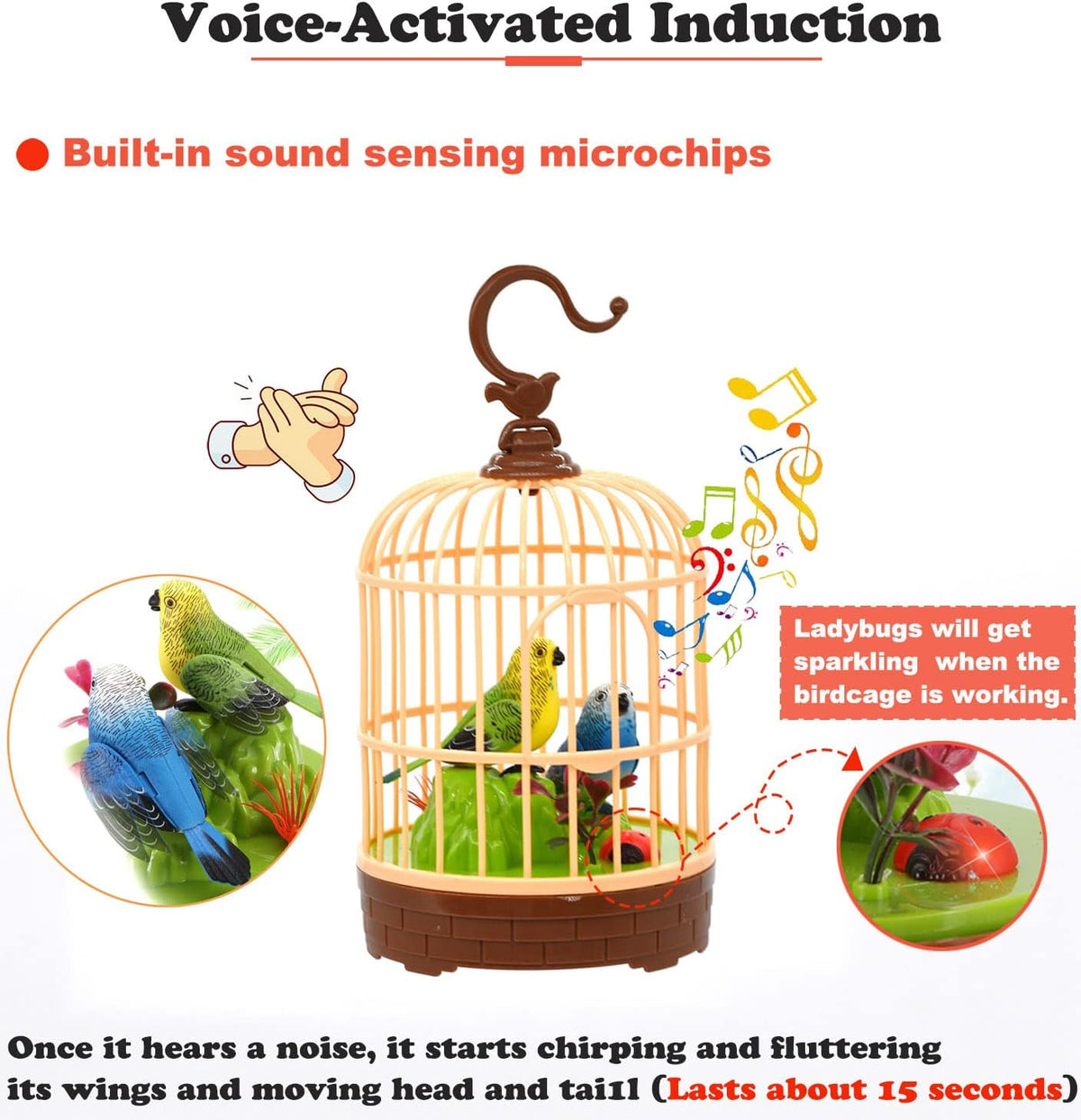 Voice activated bird cage toy - claps and sounds make the birds chirp and flutter