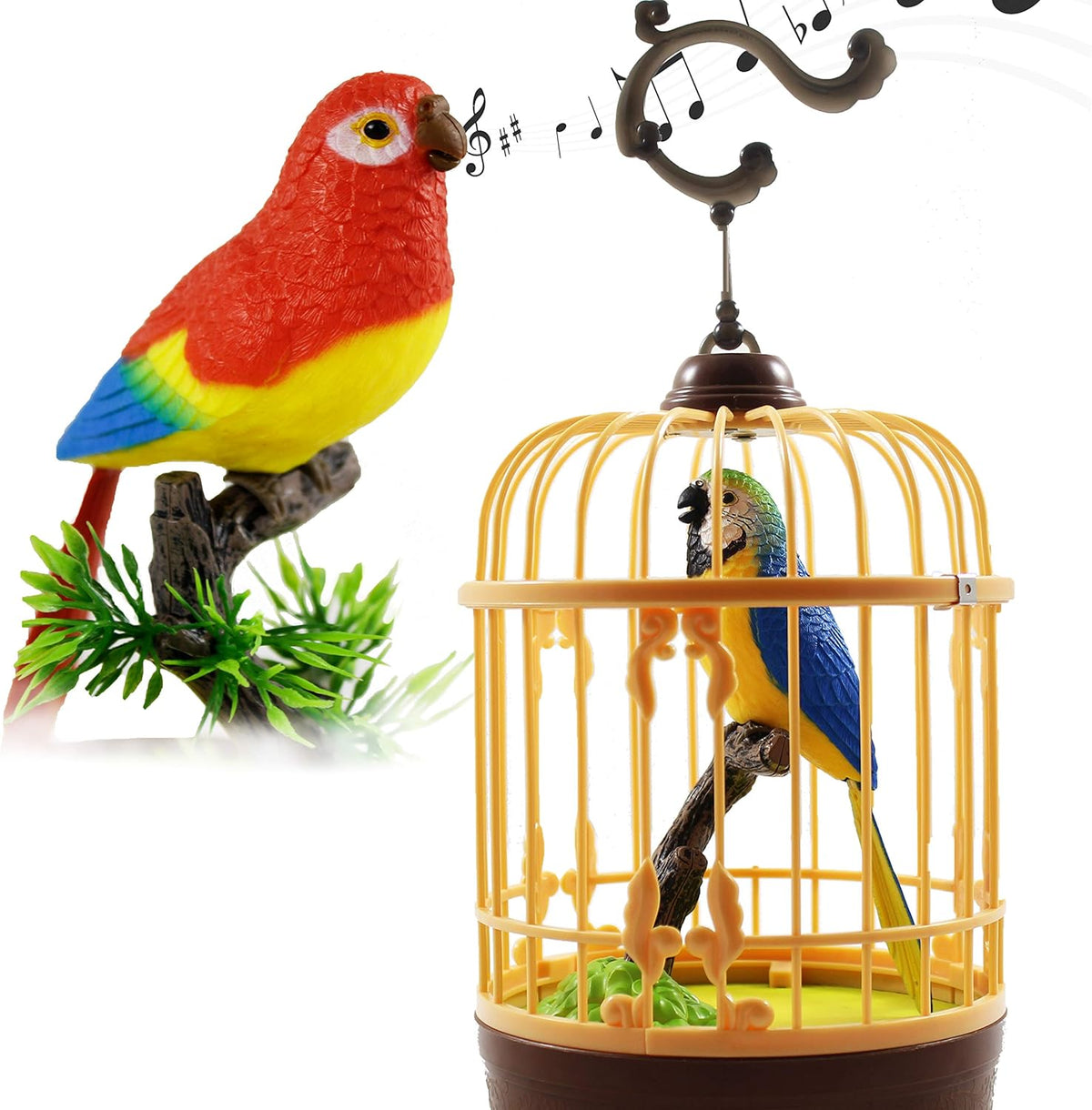 Single bird voice control cage toy with colourful parrot