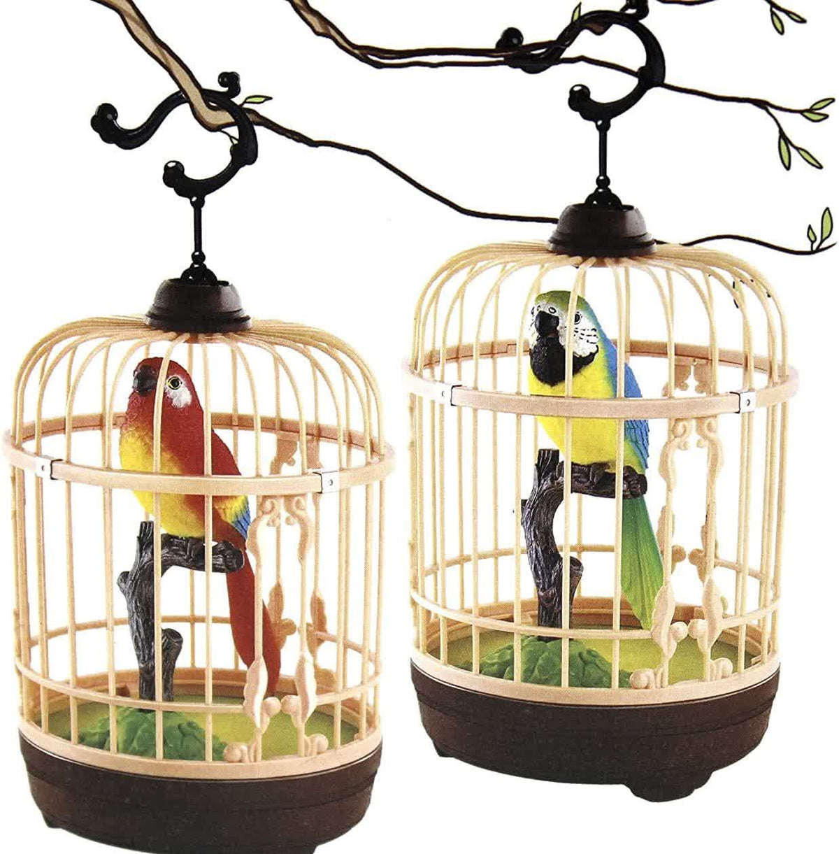 Bird cage toy available in red-yellow and blue-yellow parrot colours