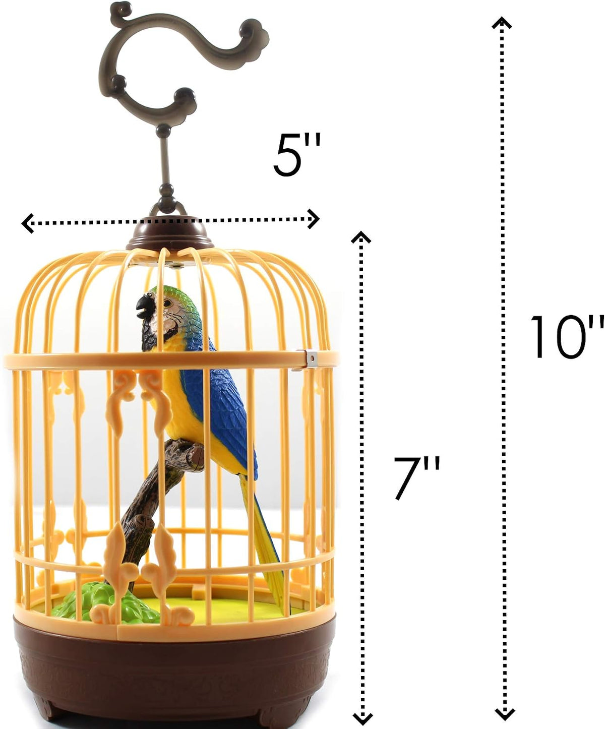 Bird cage toy size - 10 inch with hook, 7 inch cage, 5 inch wide
