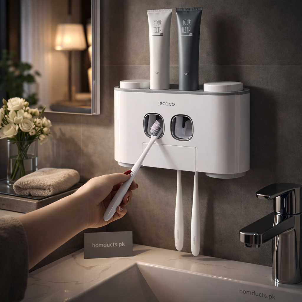 Auto Toothpaste Dispenser & Brush Holder – Wall Mounted Organizer